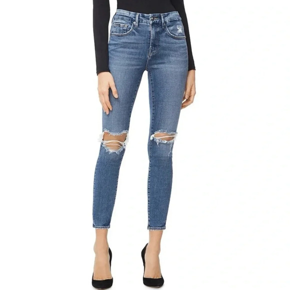 Good American Denim - GOOD AMERICAN Good Legs Distressed Blue High Rise Skinny Crop Jeans Sz 6 /‎ 28